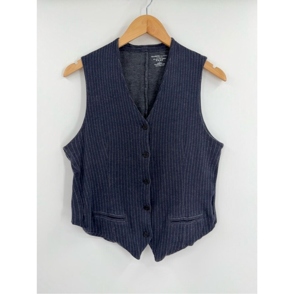 Majestic Filatures Paris Pinstripe Cotton Cashmere Vest | Navy / White | Small